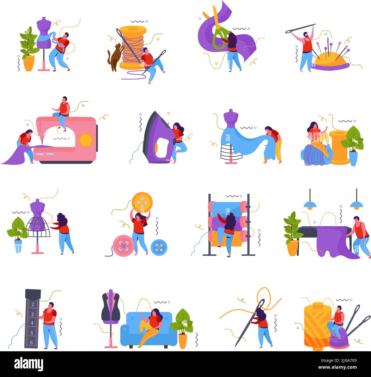 Set di icone piatte su misura con immagini isolate di aghi accessori di cucitura macchine da cucire e illustrazione vettoriale delle persone Illustrazione Vettoriale
