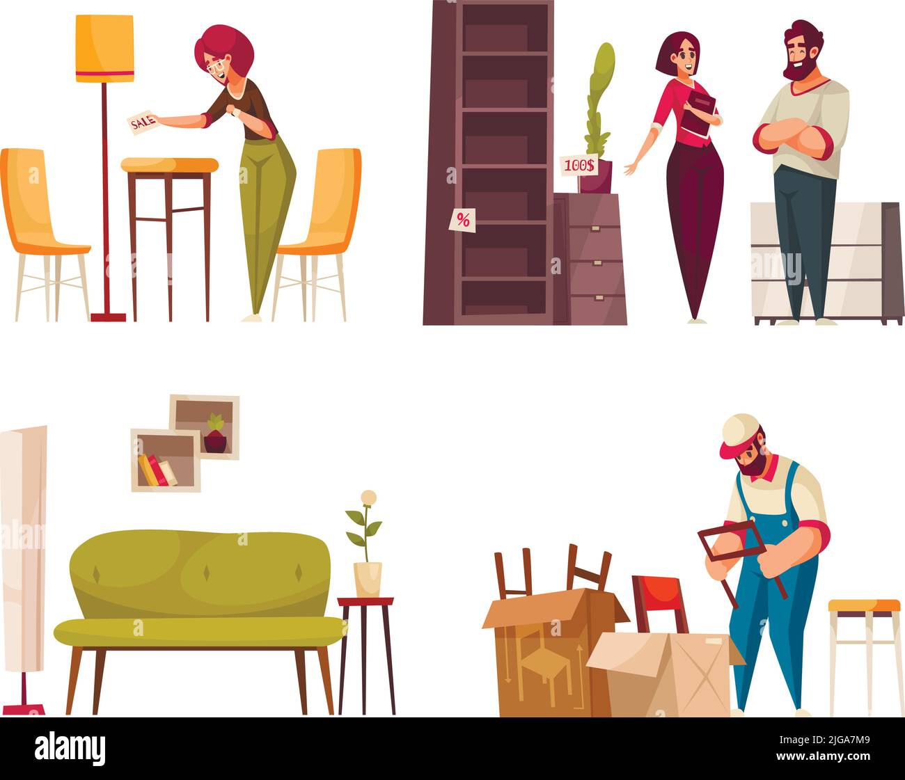 Negozio di mobili 4 composizioni cartoon con i clienti scelta libreria cassettiera acquisto sedie imballaggio illustrazione vettoriale Illustrazione Vettoriale