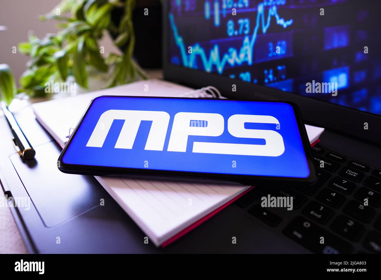 Brasile. 08th luglio 2022. In questa figura, sullo schermo dello smartphone viene visualizzato il logo Monolithic Power Systems (MPS). Credit: SOPA Images Limited/Alamy Live News Foto Stock