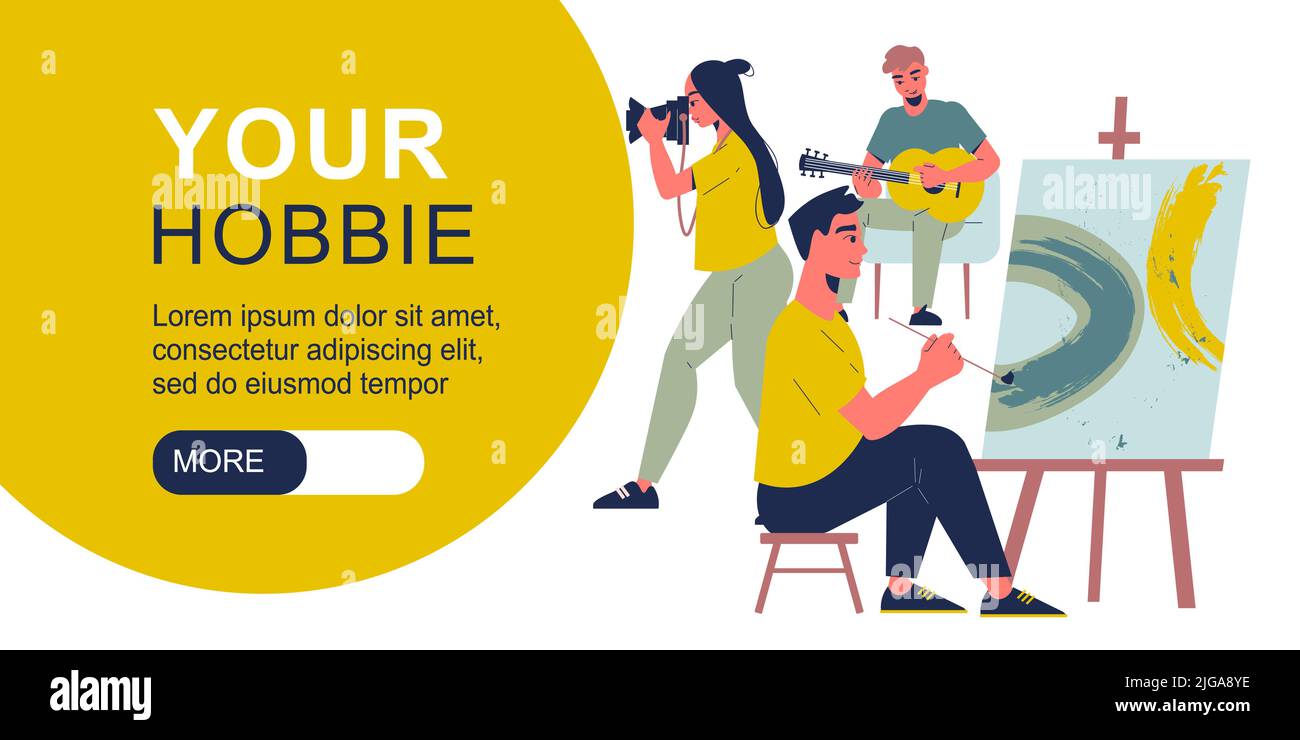 Banner orizzontale hobby con simboli di pittura e fotografia illustrazione vettoriale piatta Illustrazione Vettoriale