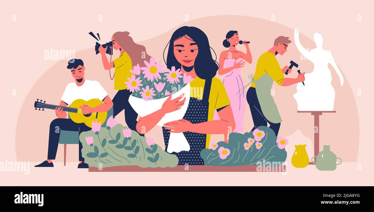 Sfondo hobby con fiori musica e scolpitura simboli illustrazione vettoriale piatta Illustrazione Vettoriale