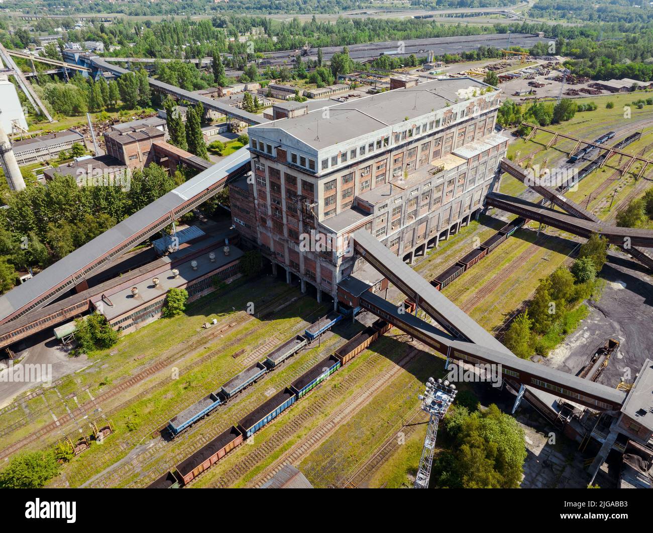 Vista aerea drone miniera di carbone nero. Sosnica, Gliwice, Slesia, Polonia. Foto Stock