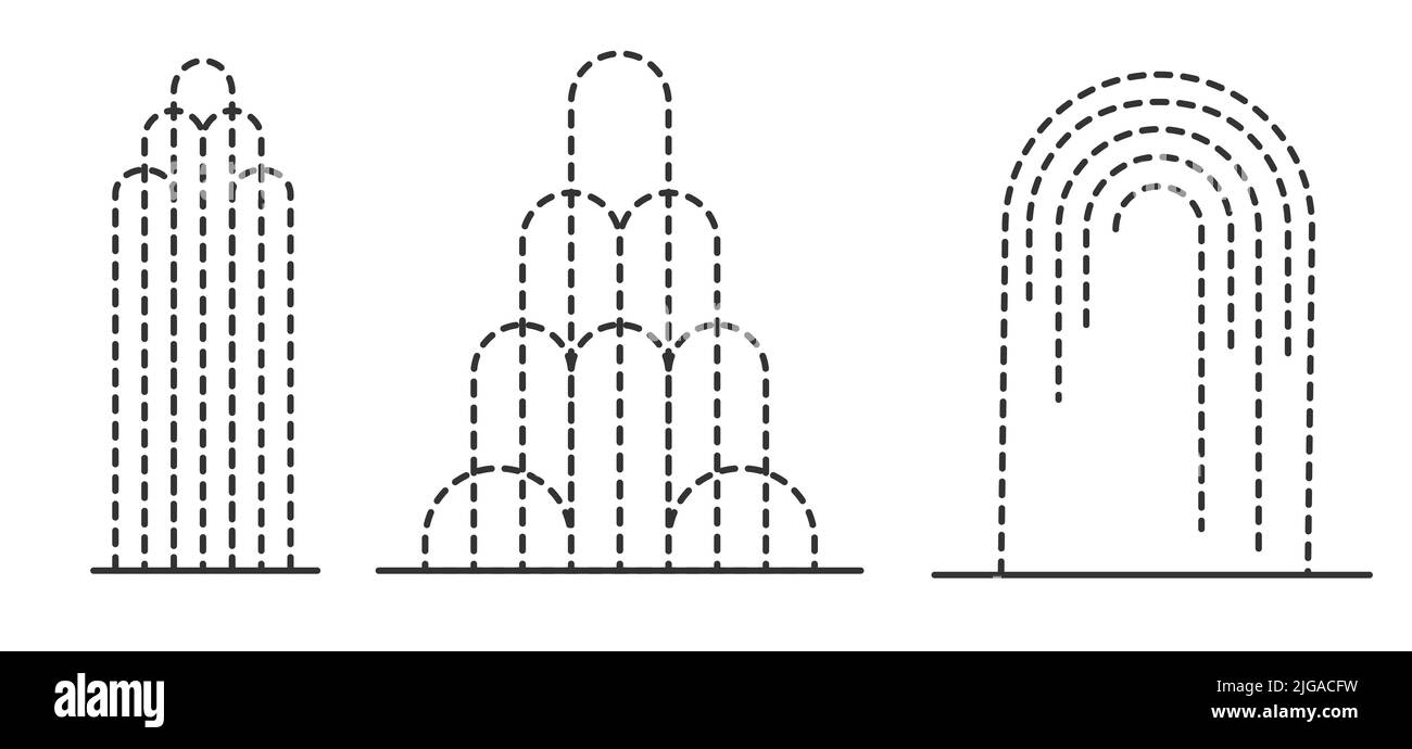 Set di contorni astratti della fontana. Fontane decorative diverse forme. Cascata e spruzzi d'acqua. Illustrazione del contorno vettoriale. Illustrazione Vettoriale