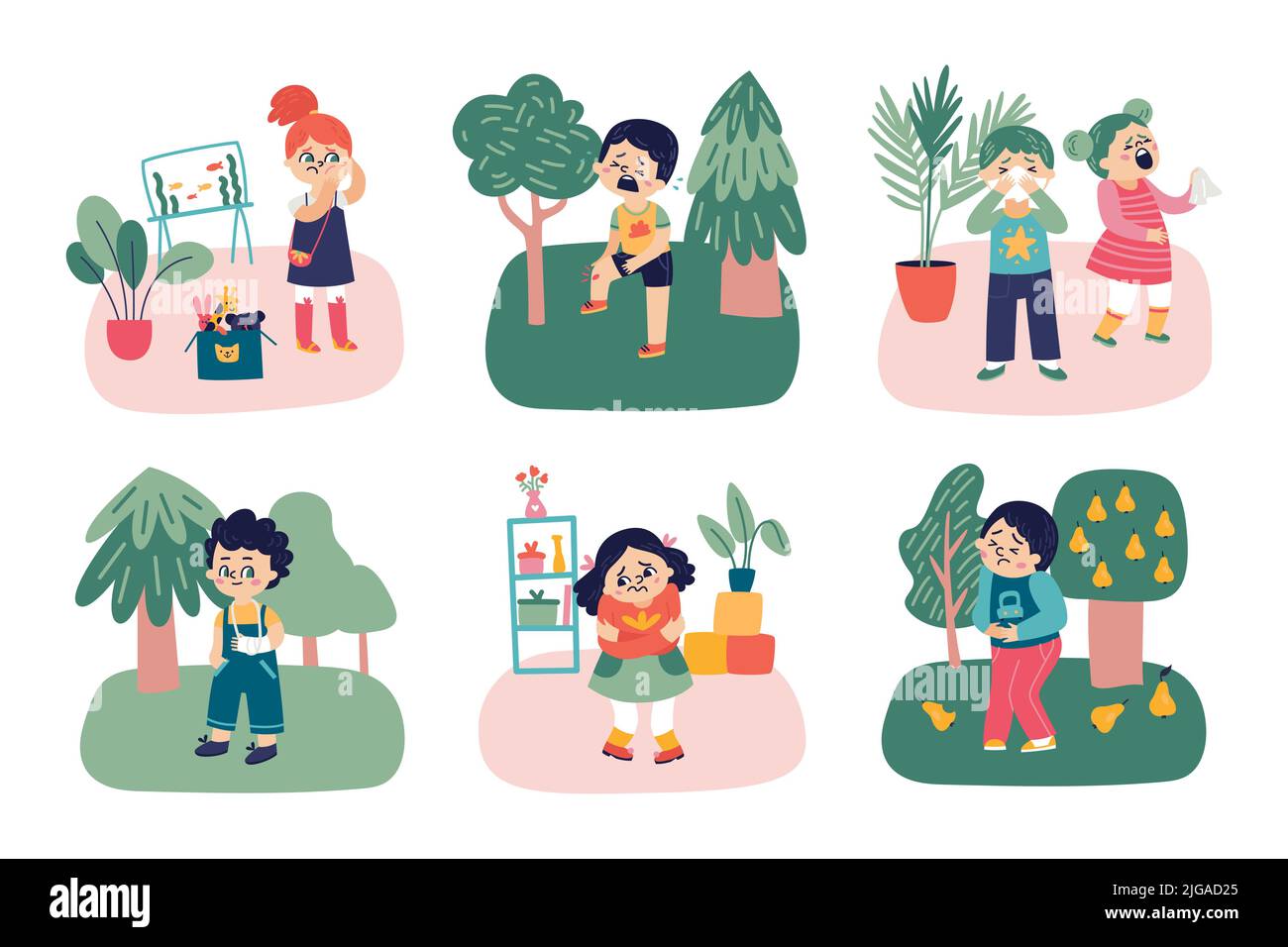 Bambini malattia flat design concetto con starnuti e pianto bambini ragazzi e ragazze con frattura stomachache brividi mal di denti vettore isolato Illustrat Illustrazione Vettoriale