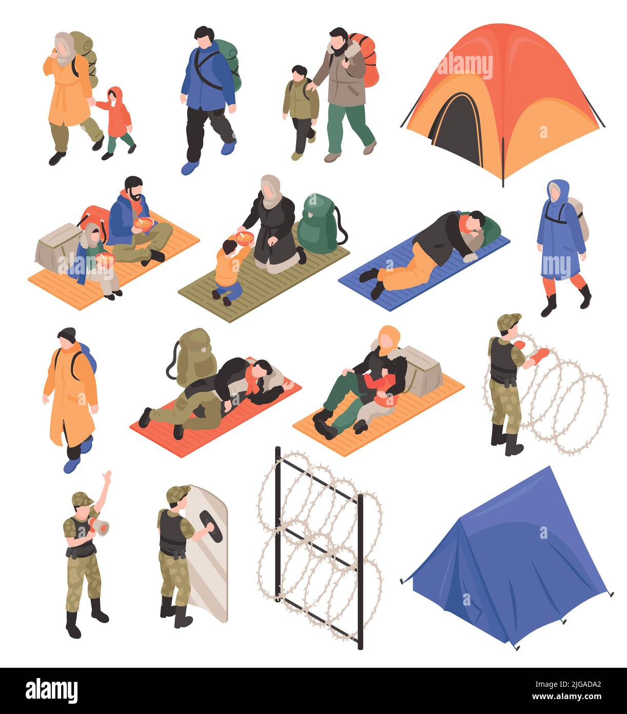 Rifugiati insieme isometrico di persone con effetti sonni che dormono a cielo aperto nel campo di immigrazione isolato illustrazione vettoriale Illustrazione Vettoriale