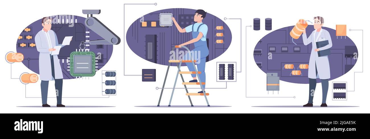 Composizione di microchip con simboli del programmatore illustrazione vettoriale piatta isolata Illustrazione Vettoriale