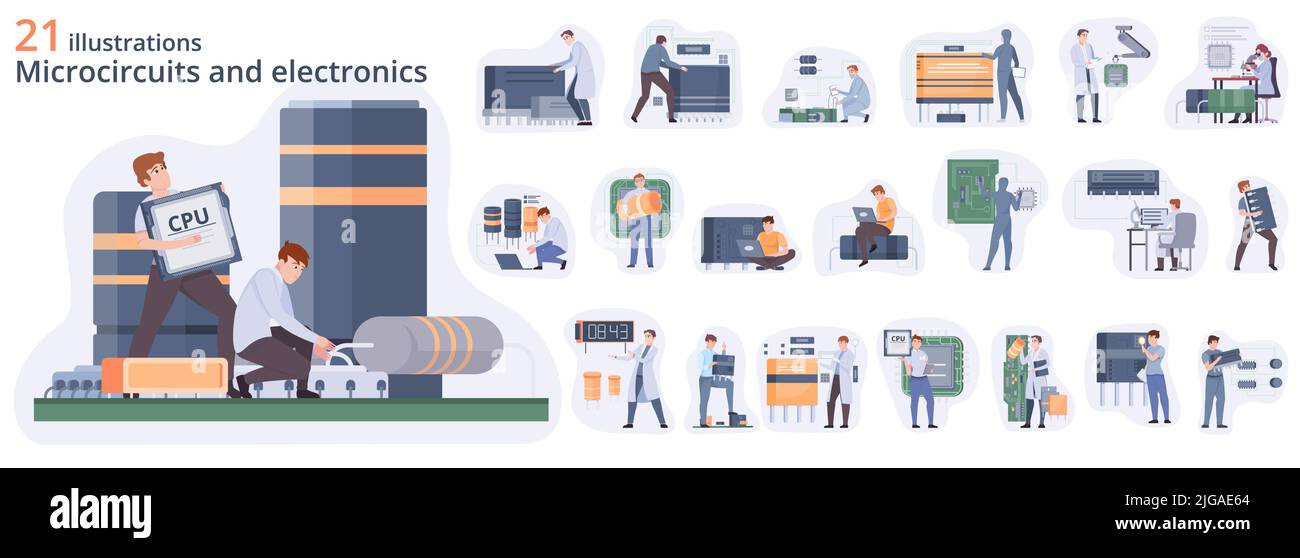 Set di composizione di microchip con simboli della scheda madre, illustrazione vettoriale piatta e isolata Illustrazione Vettoriale