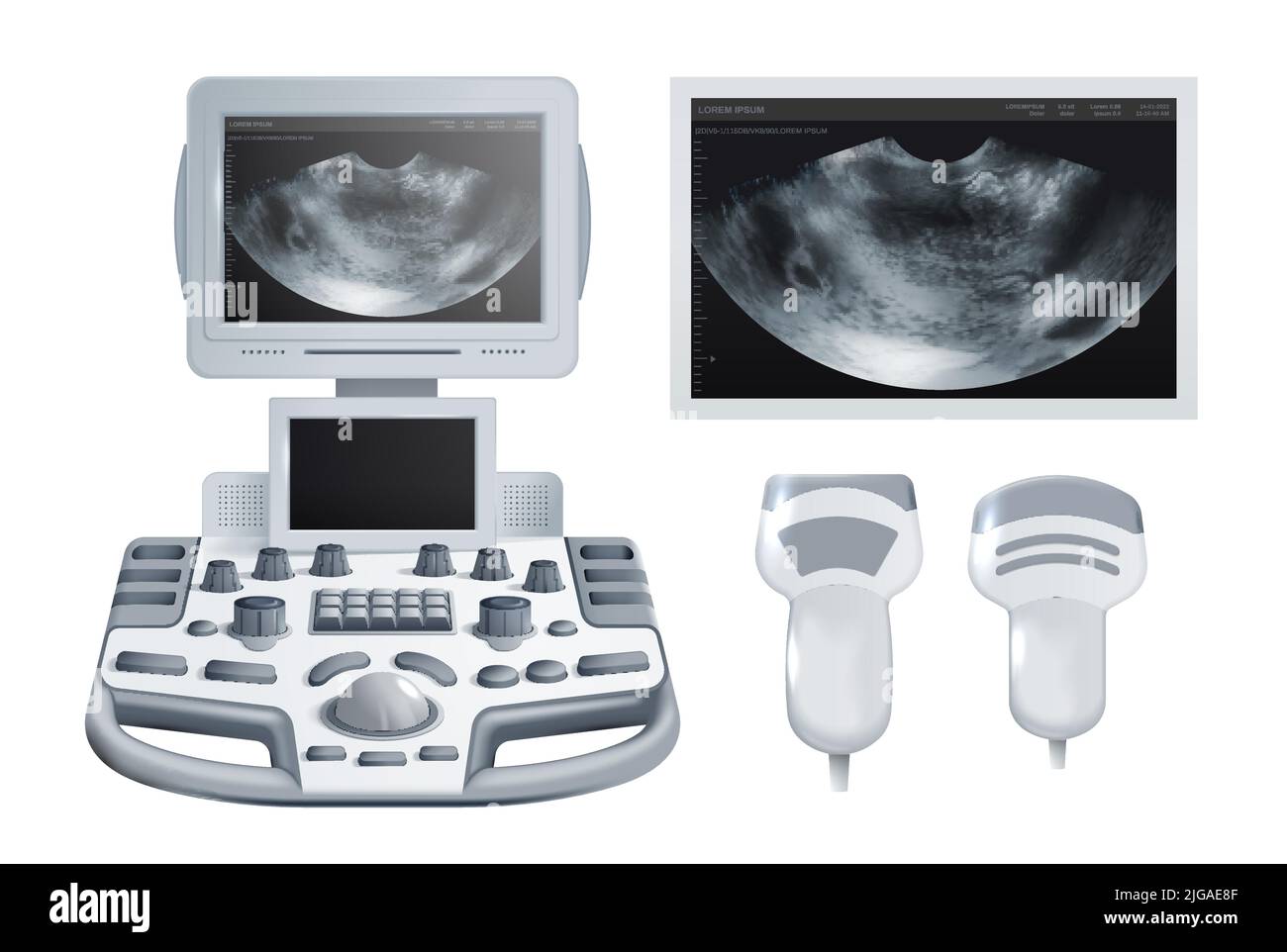 Apparecchiature di controllo per ultrasuoni medicali con trasduttori e istantanee monocromatiche concetto di design realistico illustrazione vettoriale isolata Illustrazione Vettoriale