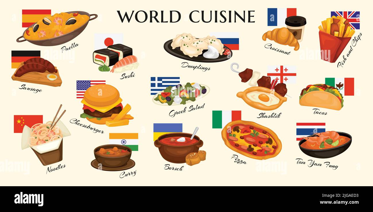 Cuisines mondo impostato con icone isolate di piatti gourmet con didascalie ornate di testo e bandiere nazionali illustrazione vettoriale Illustrazione Vettoriale