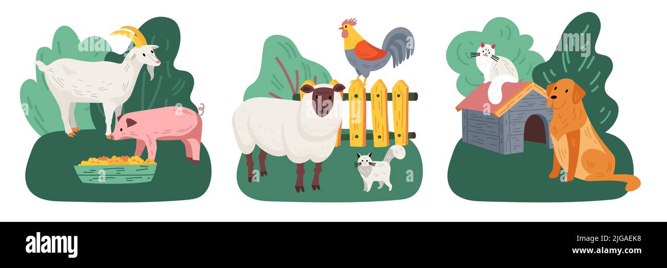 Icona colorata animale fattoria set con capre e suini pecore e gallo cani e gatti su verde fattoria vettore illustrazione Illustrazione Vettoriale