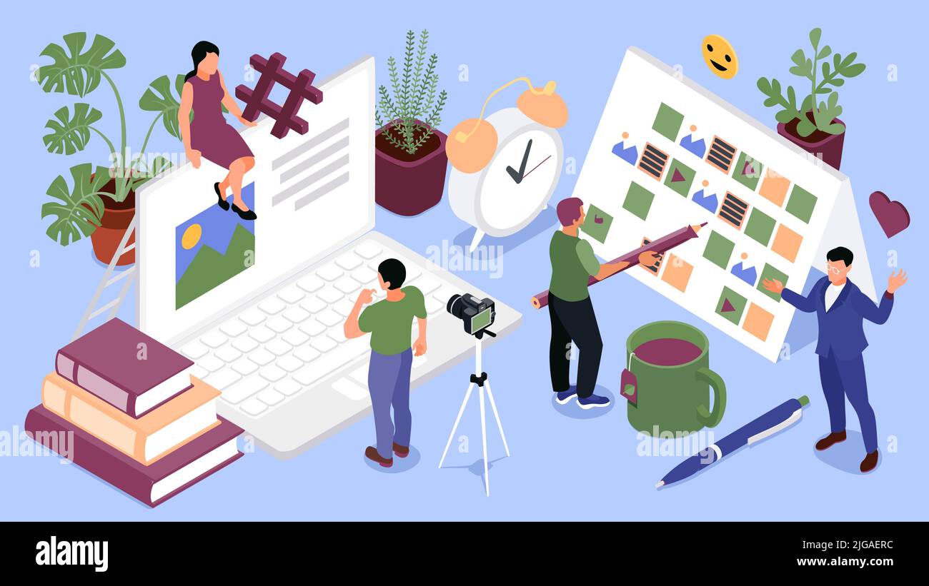 Composizione isometrica del content manager con piano dei contenuti e quattro creatori al lavoro illustrazione vettoriale Illustrazione Vettoriale