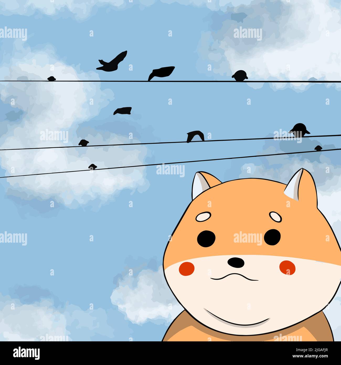 Il cane Shiba prese un selfie al telefono sullo sfondo di un filo e di un uccello Illustrazione Vettoriale