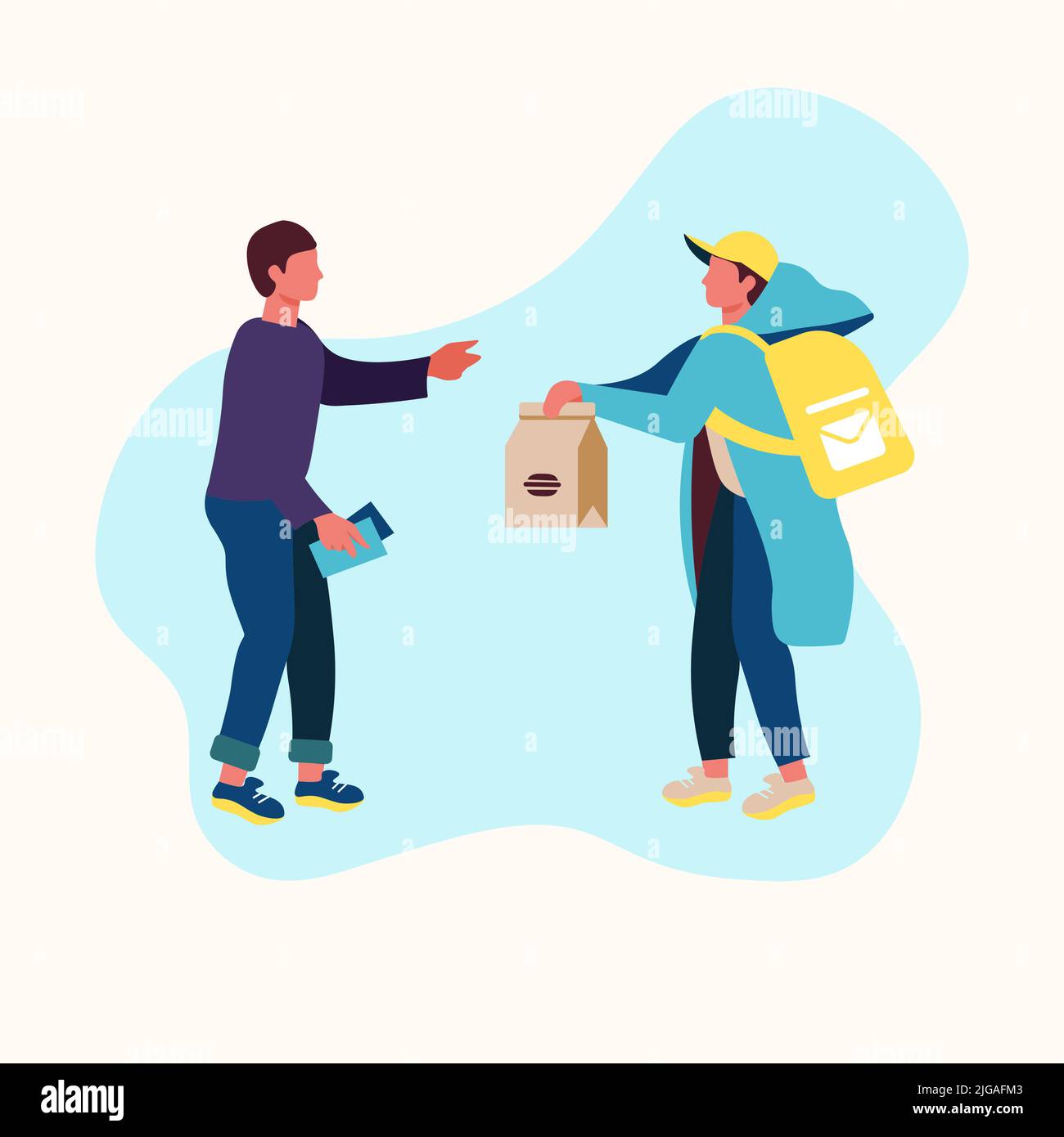 Consegna di cibo e merci a una persona a casa, scatola in mani Illustrazione Vettoriale