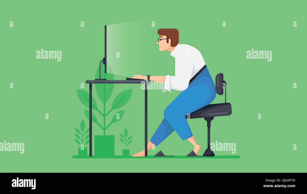Uomo seduto alla scrivania e al computer, vista laterale. Concetto di lavoro da casa. Illustrazione vettoriale Illustrazione Vettoriale