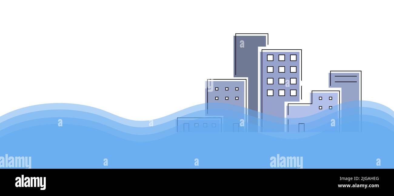 Città allagata nella zona costiera. Banner di emergenza climatica Illustrazione Vettoriale