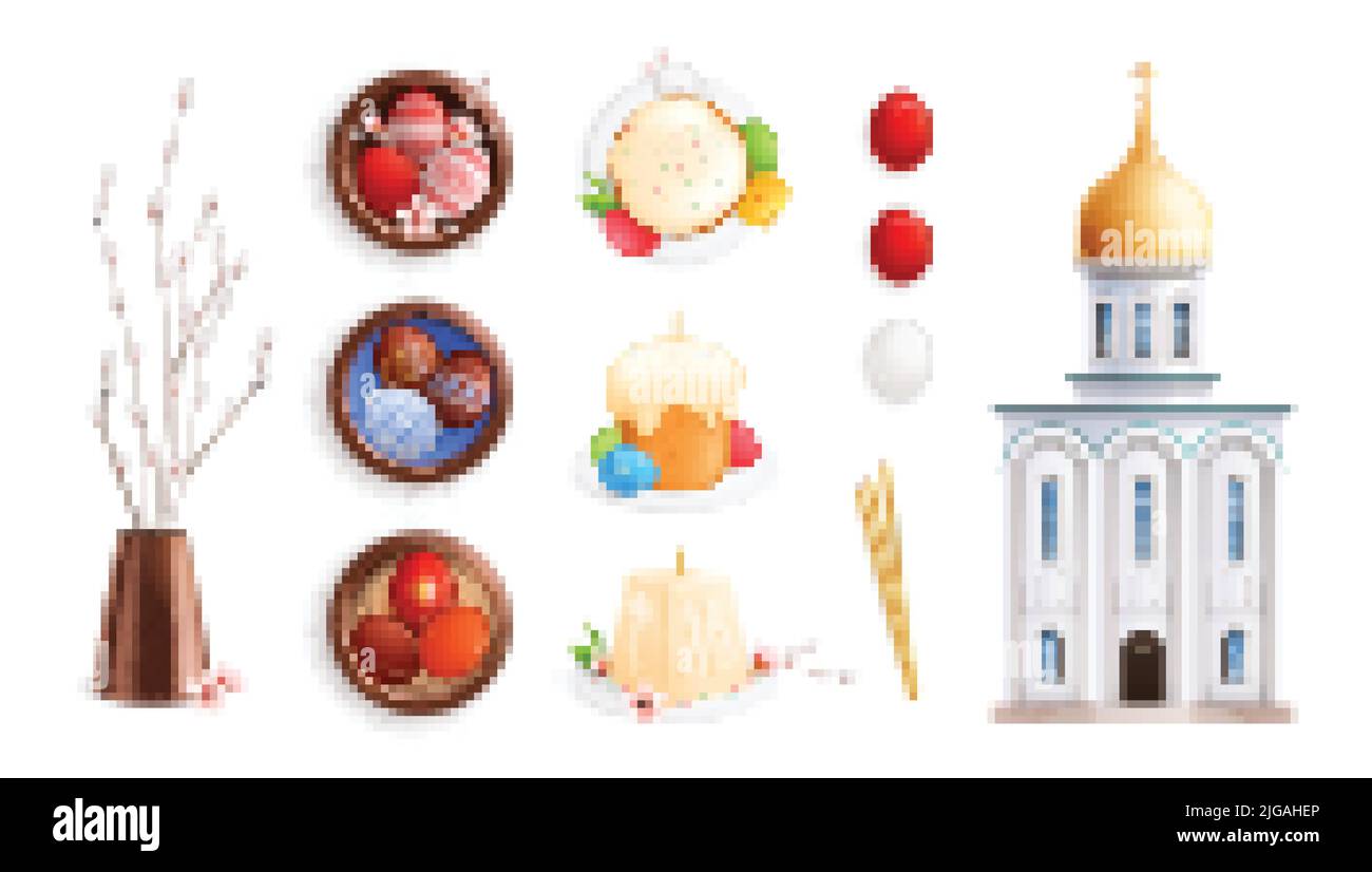 Ortodosso pasqua realistico set con immagini isolate di uova dipinte dolci germogli e piccola chiesa costruzione vettore illustrazione Illustrazione Vettoriale