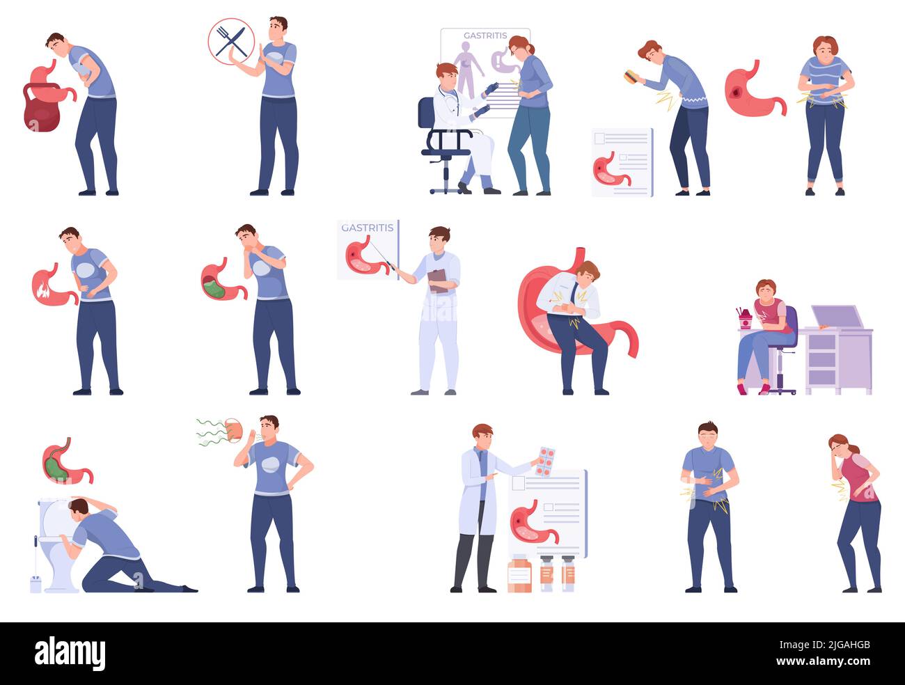 Gastro gastrite set piatto con icone isolate di persone che soffrono di malattie intestinali con immagini dello stomaco illustrazione vettoriale Illustrazione Vettoriale