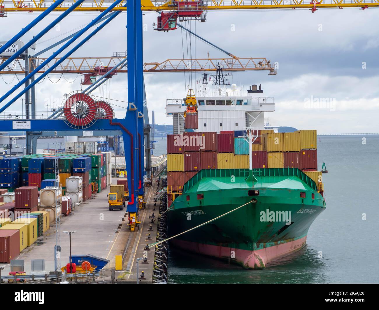 Vista frontale della nave MSC Container Ship in verde e bianco caricata con contenitori per l'esportazione Foto Stock