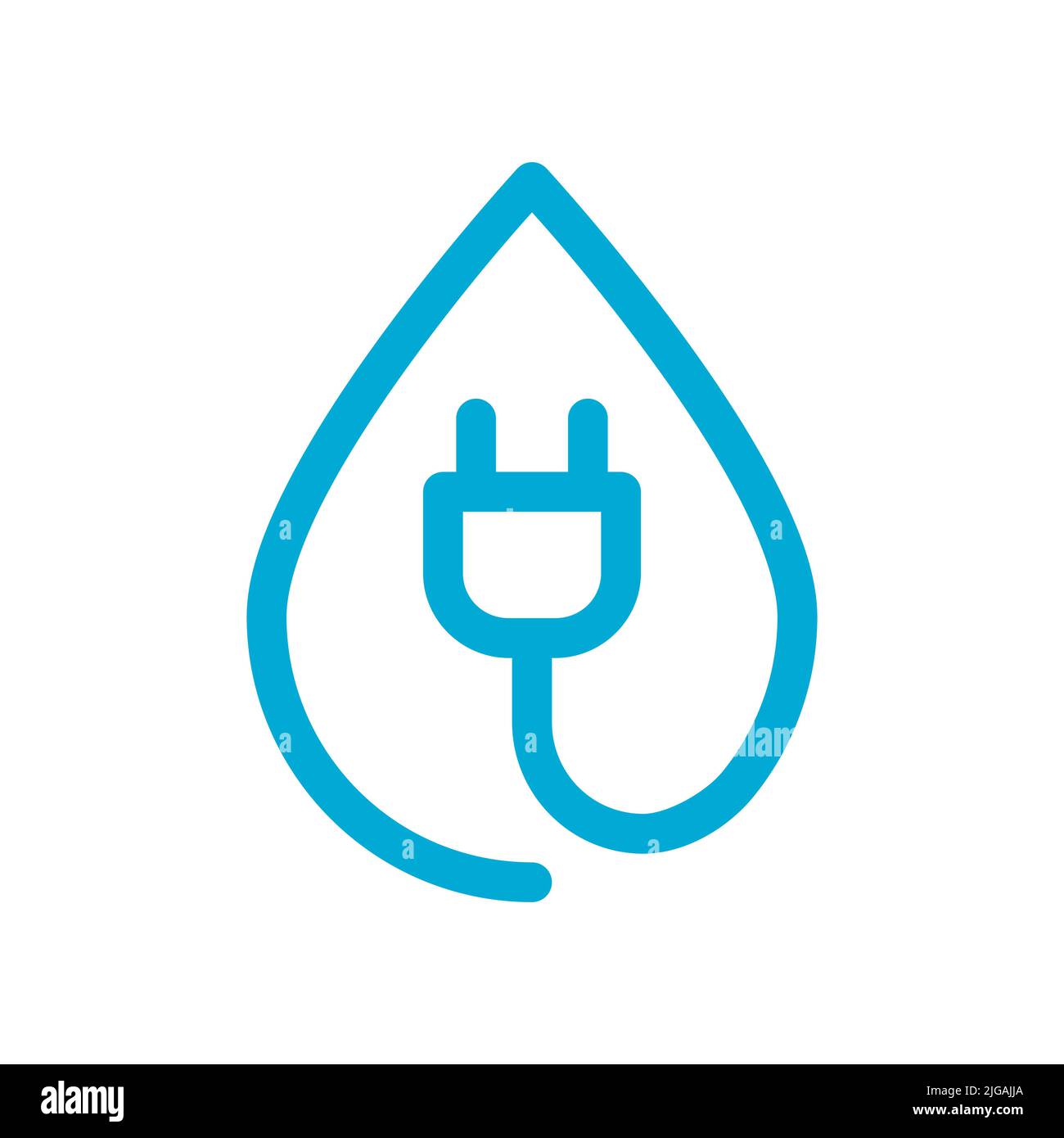 Icona della linea del tappo della goccia d'acqua. Energia idroelettrica. Simbolo della goccia blu. Risorse energetiche sostenibili. Generazione di energia pulita rinnovabile. Zero emissioni. Vettore Illustrazione Vettoriale