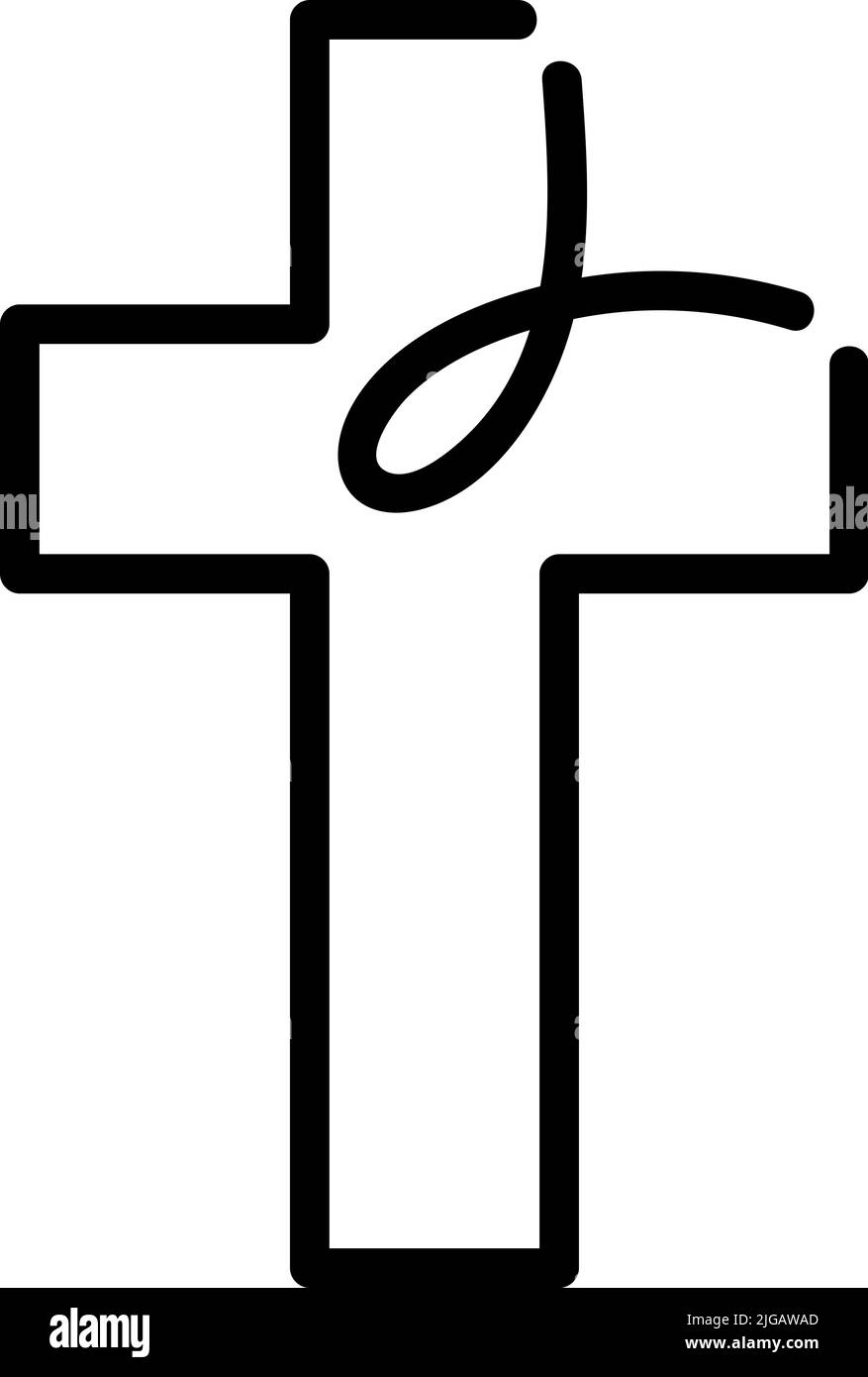 Simbolo vettoriale del pesce cristiano con icona a croce. Logo religioso monolina per la stampa. Illustrazione isolata su sfondo bianco Illustrazione Vettoriale