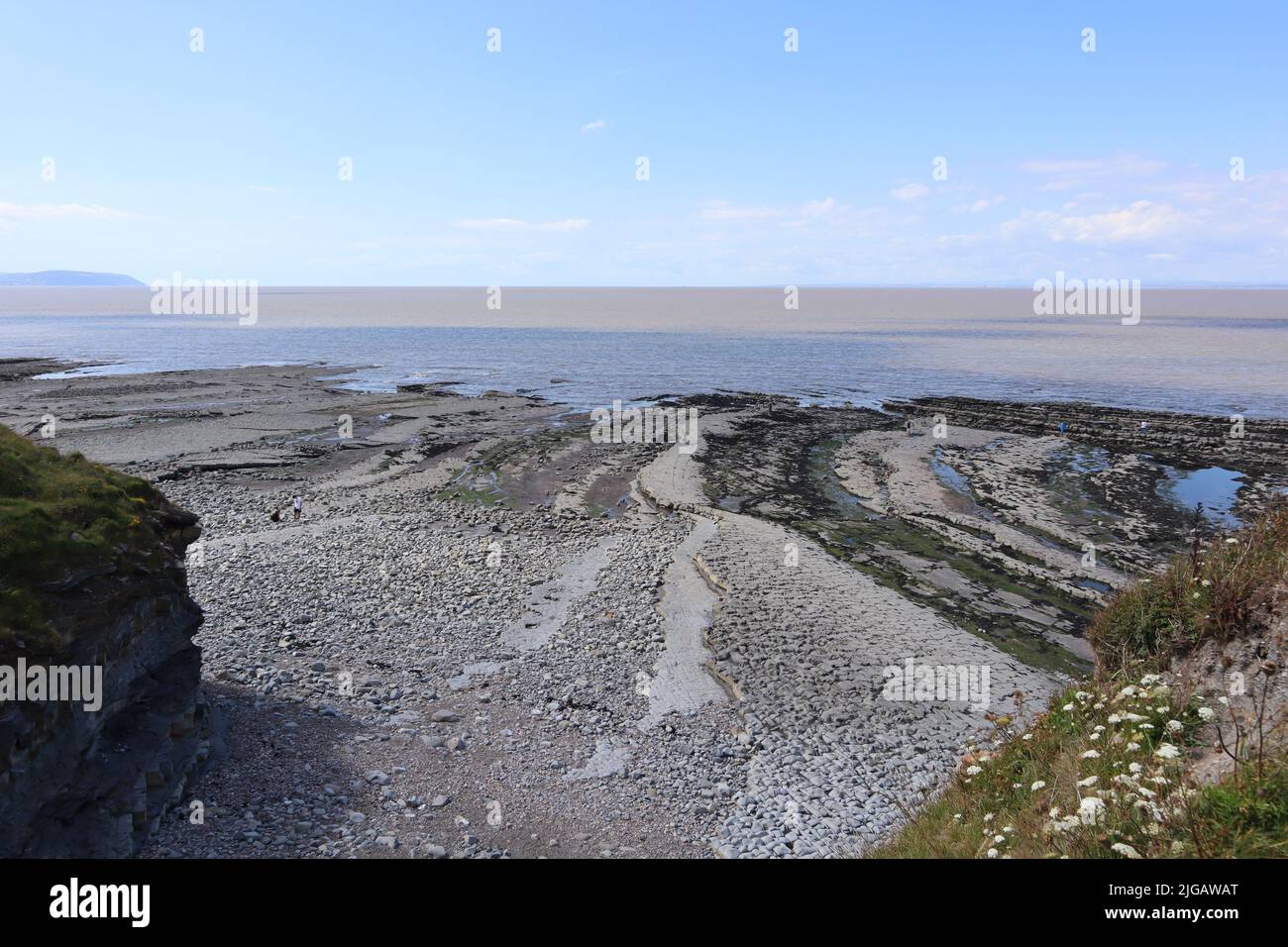 Alcune persone vagano per Kilve spiaggia vicino East Quantoxhead in Somerset, Inghilterra alla ricerca di fossili. Strati di roccia risalenti all'era giurassica Foto Stock