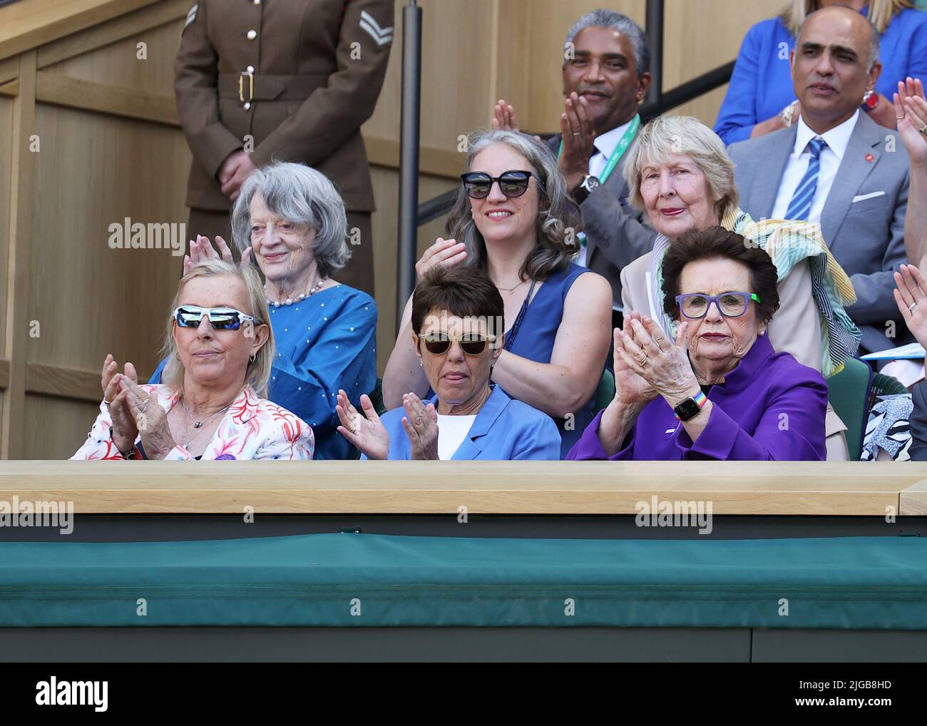 Londra, Regno Unito. 9th luglio 2022, Londra, Regno Unito. All England Lawn Tennis and Croquet Club, Londra, Inghilterra; Wimbledon Tennis tournament, womens singles final; Martina Navratilova, Ilana Kloss, Billie Jean King e Dame Maggie Smith nella Royal Box Credit: Action Plus Sports Images/Alamy Live News Credit: Action Plus Sports Images/Alamy Live News Credit: Action Plus Sports Images/Alamy Live News Foto Stock