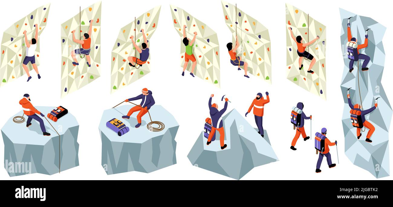 Arrampicata isometrica alpinismo set con icone isolate di atleti appesi da pareti su corde con illustrazione vettoriale attrezzatura Illustrazione Vettoriale