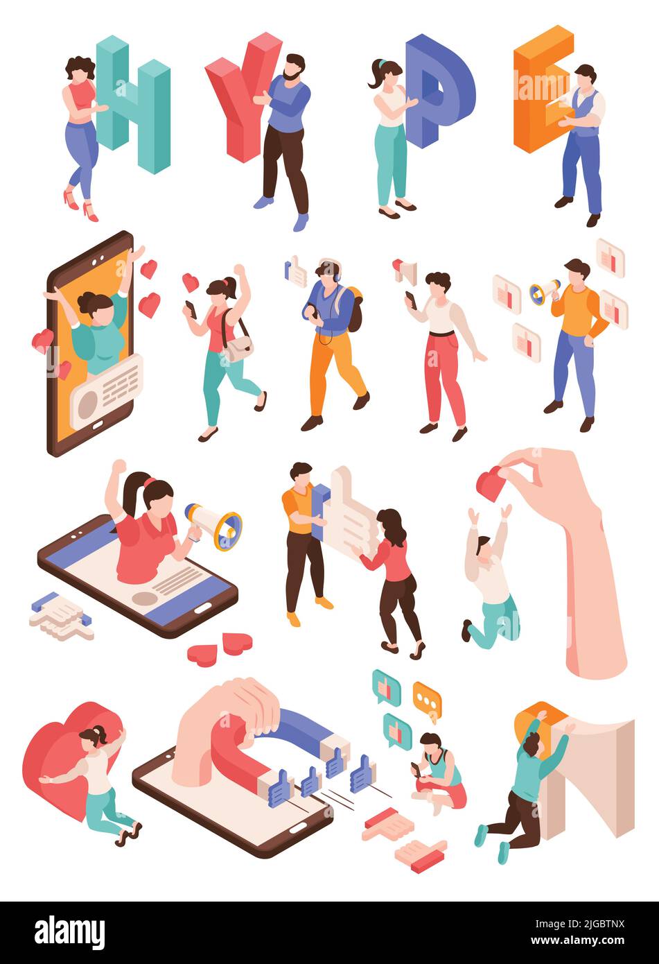 Hype e social media impostano un'illustrazione isometrica isolata del vettore Illustrazione Vettoriale