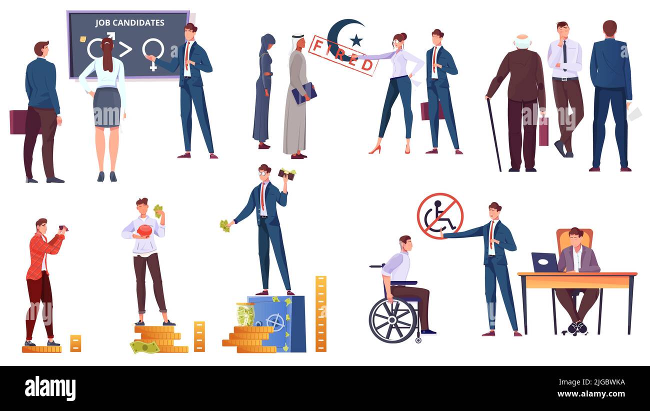 Religione sociale e disuguaglianza di reddito icone impostate con caratteri umani isolato vettore illustrazione Illustrazione Vettoriale