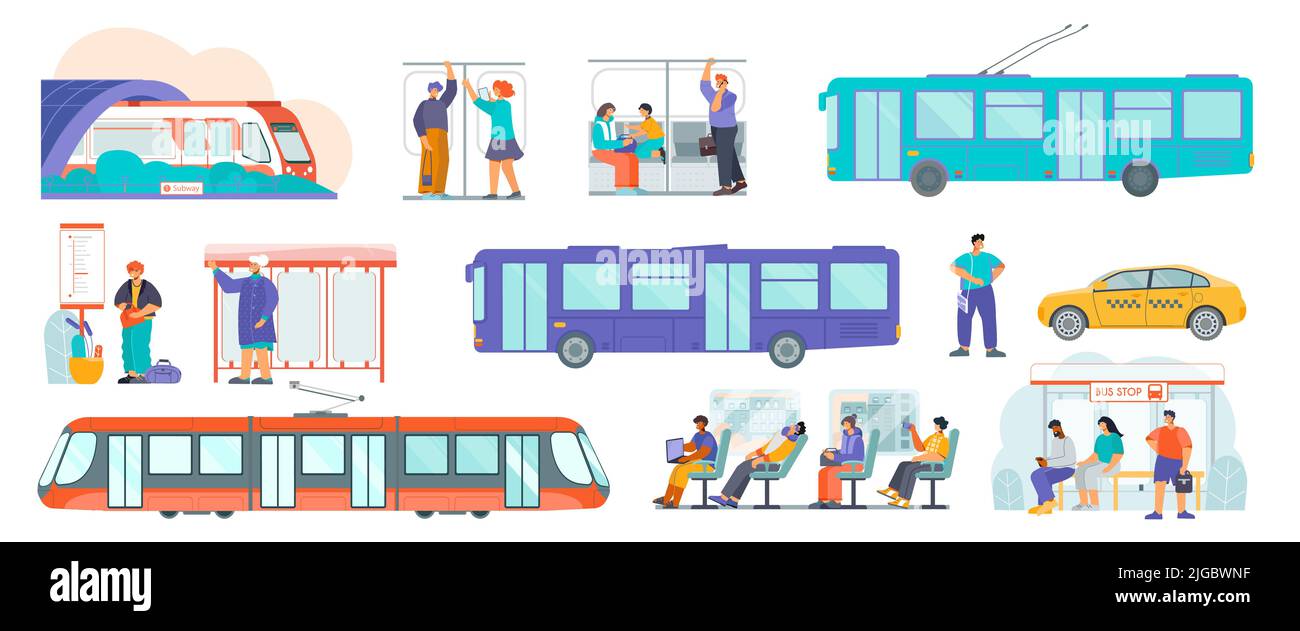 Trasporto pubblico flat set con tram bus fermata schedario filobus metropolitana treno taxi passeggeri isolato vettore illustrazione Illustrazione Vettoriale