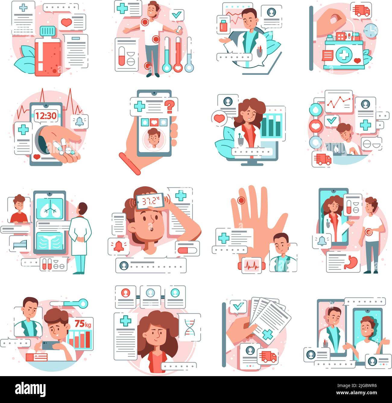 I pazienti del set piatto di Telemedicina hanno consultazione con i medici in linea illustrazione isolata del vettore Illustrazione Vettoriale