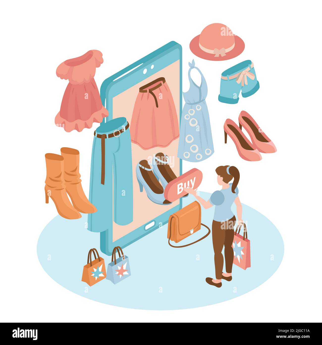 Shopping online moda abbigliamento concetto isometrico con donna di acquisto di articoli al negozio web 3D illustrazione vettoriale Immagine e Vettoriale Alamy