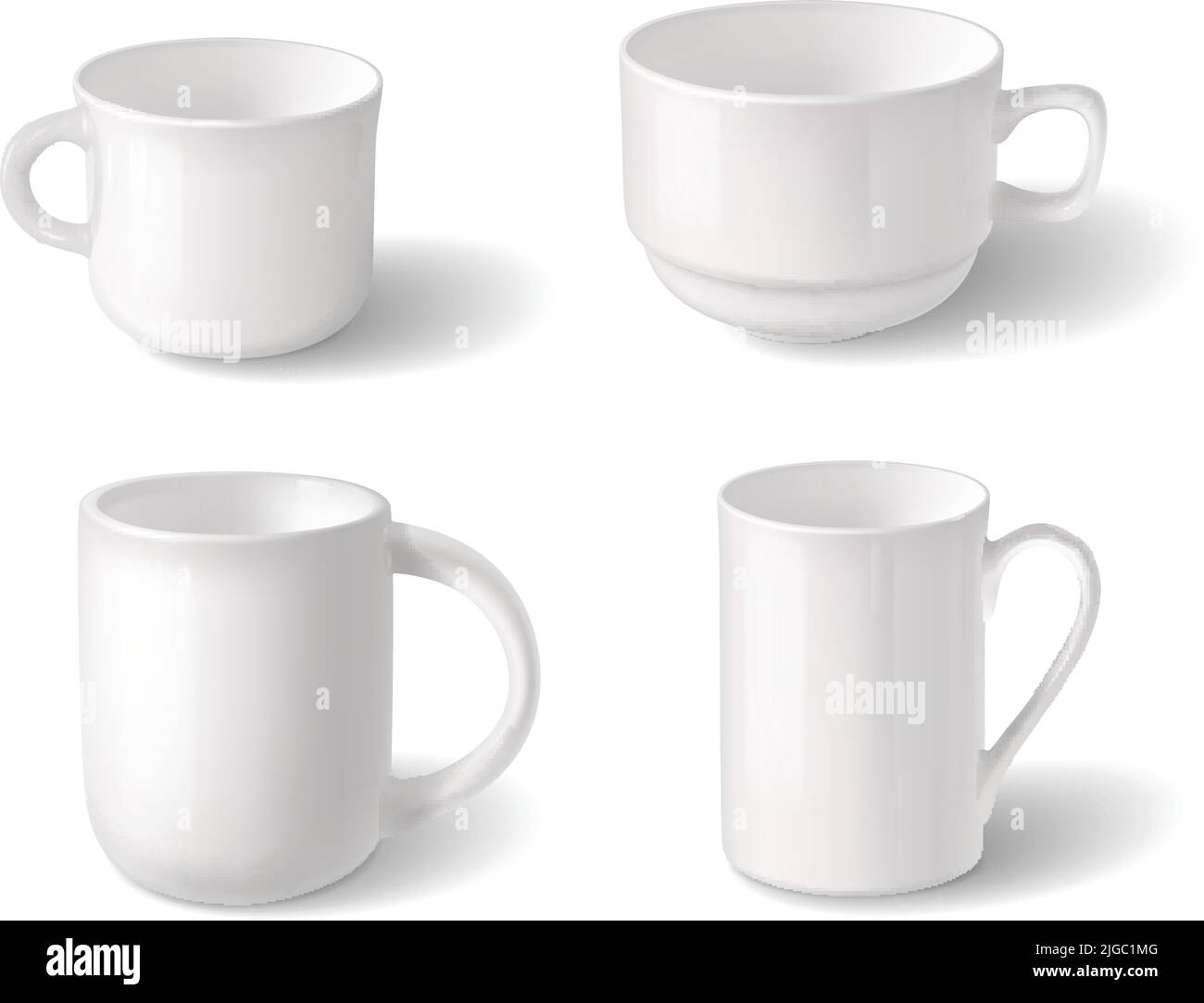 Design realistico delle tazze con quattro oggetti bianchi in porcellana vuoti per l'illustrazione vettoriale isolata di tè o caffè Illustrazione Vettoriale