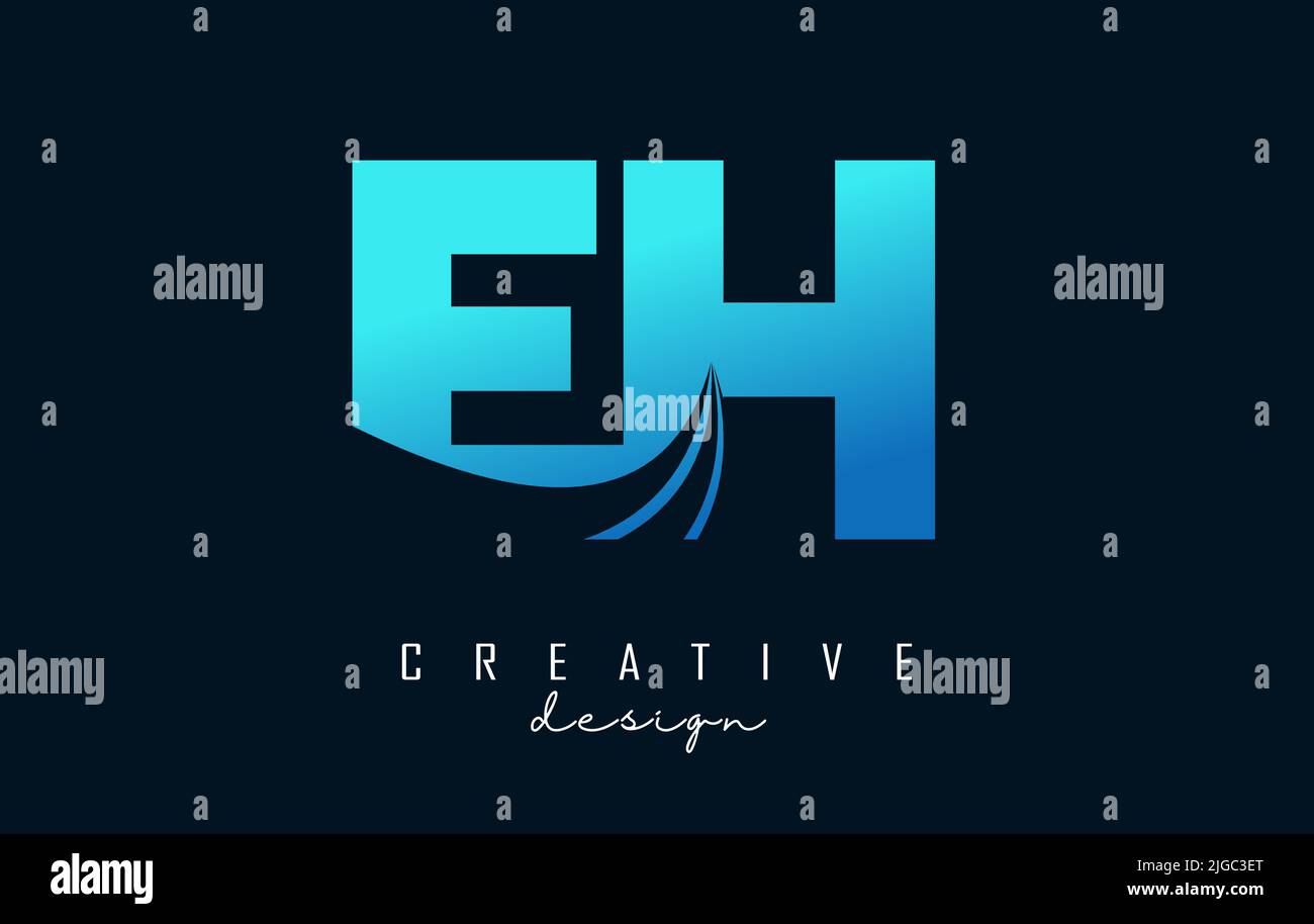 Logo EH e h creativo con lettere blu e linee di punta e design Road Concept. Lettere con disegno geometrico. Illustrazione vettoriale con lettera e creati Illustrazione Vettoriale