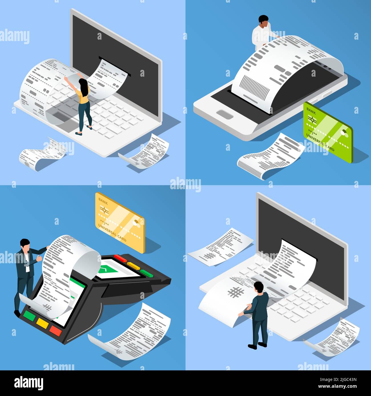 Set di quattro composizioni quadrate con immagini isometriche di carte ricevute e gadget con illustrazione vettoriale delle persone Illustrazione Vettoriale