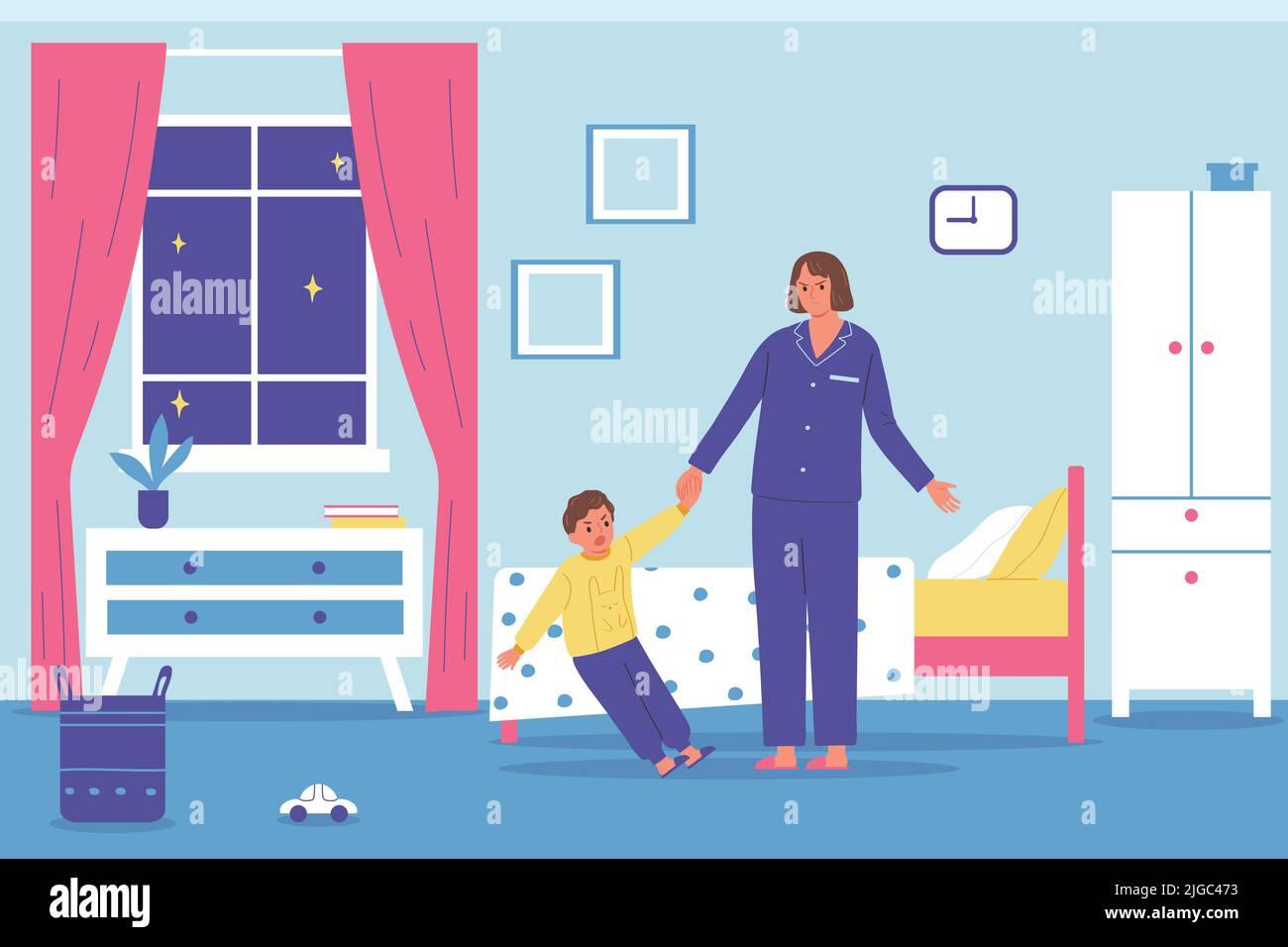 Mamma arrabbiata e gridando naughty bambino che si rifiuta di andare a dormire in camera da letto piatta illustrazione vettoriale Illustrazione Vettoriale