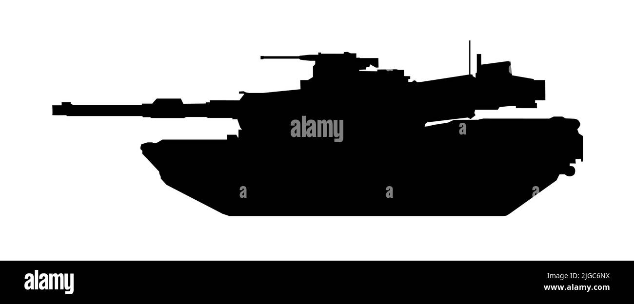 Silhouette del serbatoio. M1A2 Abrams USA. Icona vettoriale nera della macchina da battaglia militare su sfondo bianco, trasporto moderno dell'esercito. Illustrazione Vettoriale