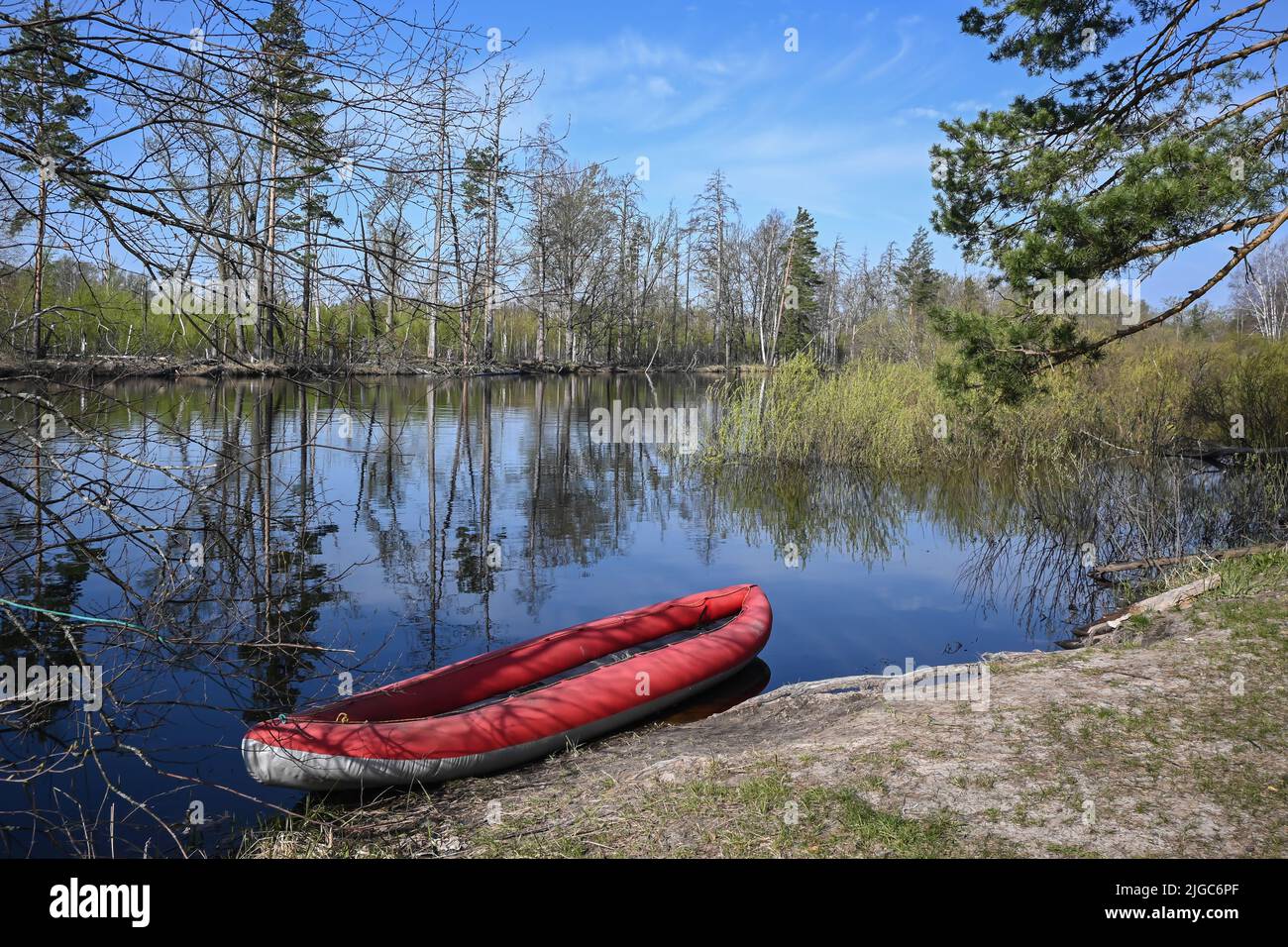 Kayak gonfiabile rosso vicino alla riva del fiume foresta. Passeggiata primaverile al Parco Nazionale. Foto Stock