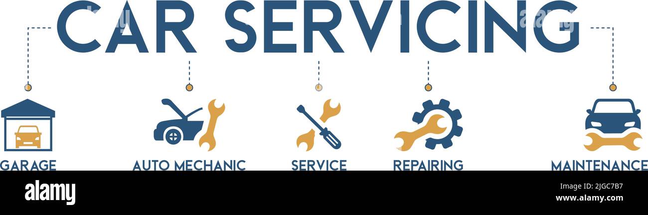 Servizio e riparazione di Banner Car. Concetto di illustrazione vettoriale con concetto di garage, macchina auto, assistenza, riparazione e manutenzione. Illustrazione Vettoriale