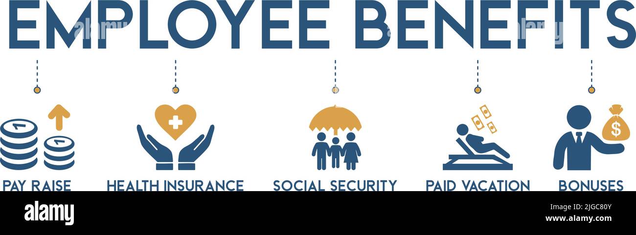 Concetto di icona benefici per i dipendenti su sfondo bianco illustrazione vettoriale con aumento di stipendio, assicurazione sanitaria, previdenza sociale, vacanze pagate e bonus Illustrazione Vettoriale