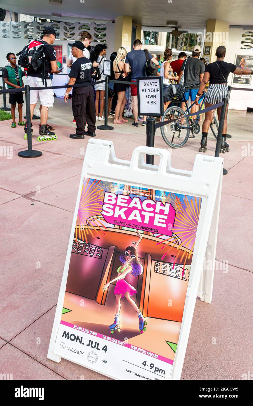 Miami Beach Florida, North Beach Bandshell Beach Skate evento pattinaggio a rotelle cartello d'ingresso Foto Stock
