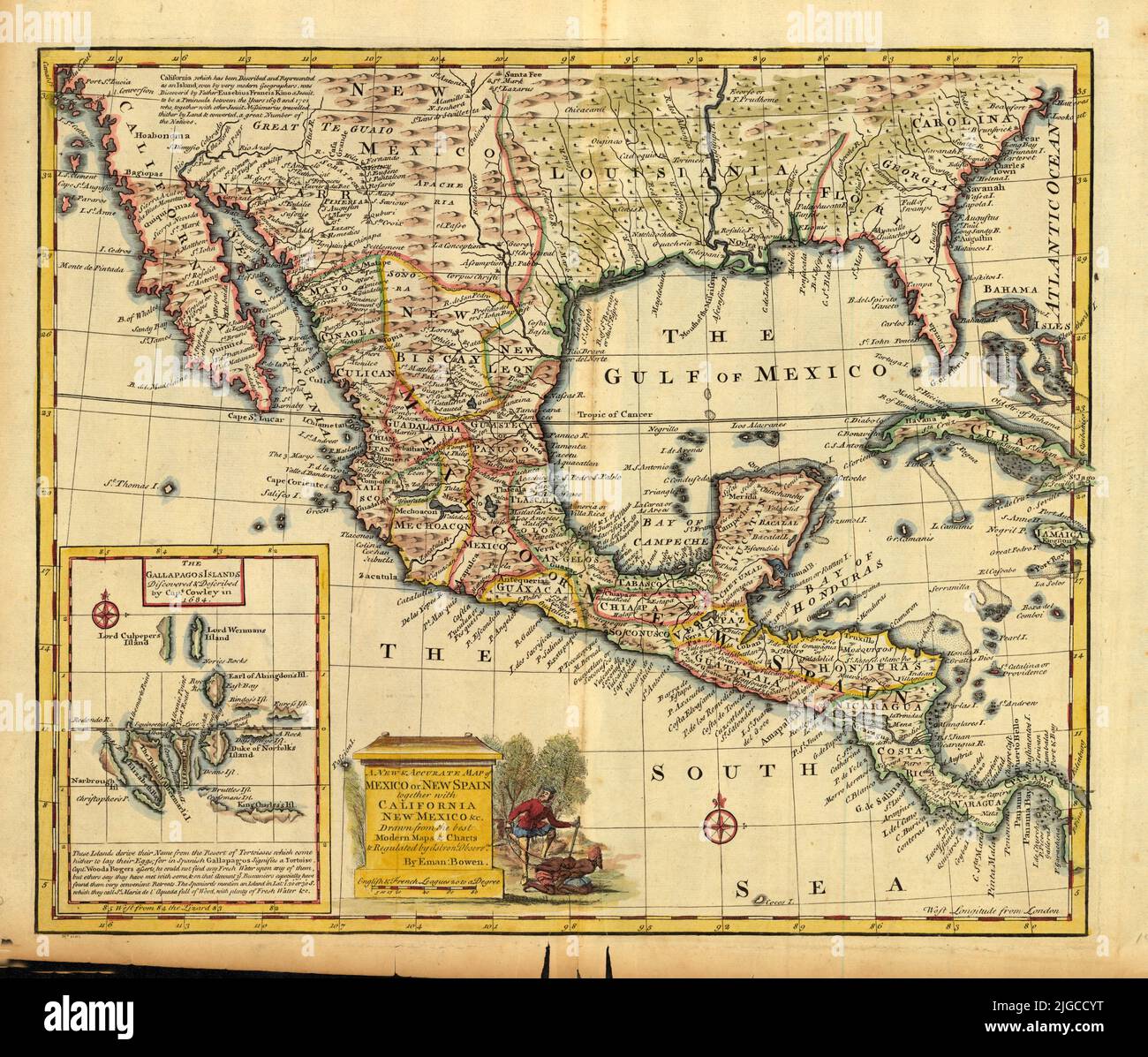 Mappa britannica del Messico o della Nuova Spagna, California, New Mexico, inset delle Isole Galapagos, 1752, di Emanuel Bowen Foto Stock