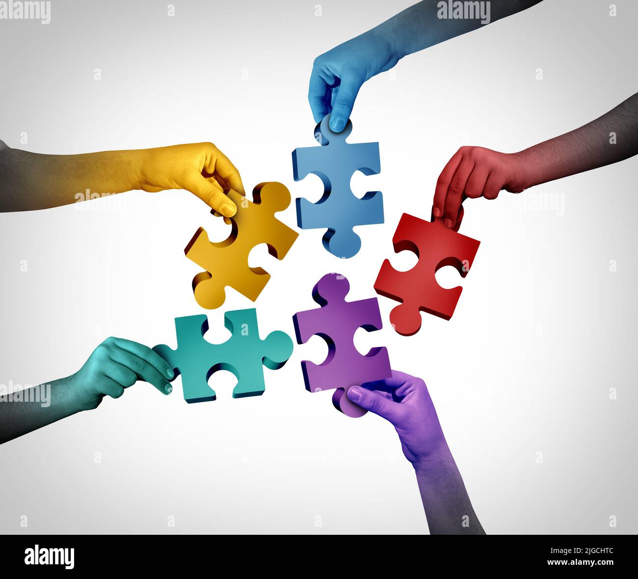 Business Team la metafora del successo e la collaborazione della comunità come una società diversificata in uno sforzo congiunto che collega pezzi puzzle. Foto Stock