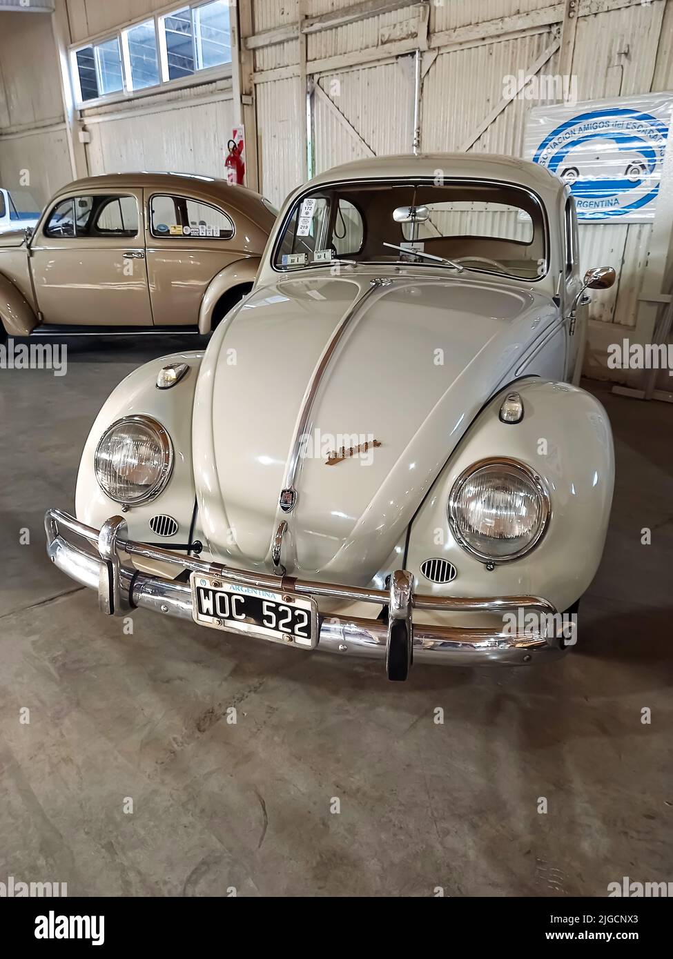 Vecchio popolare Volkswagen tipo 1 Beetle o Bug berlina, raffreddato ad aria, motore posteriore, economia in un magazzino. Expo Fierro 2022 mostra di auto classiche. CopySpace. Foto Stock