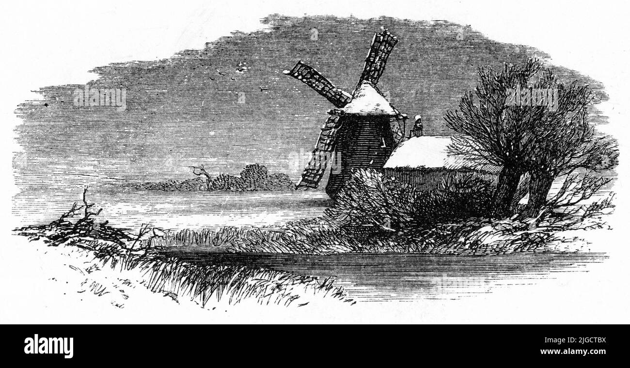 Incisione di un mulino a vento da un fiume lento in movimento in Europa, circa 1800 Foto Stock