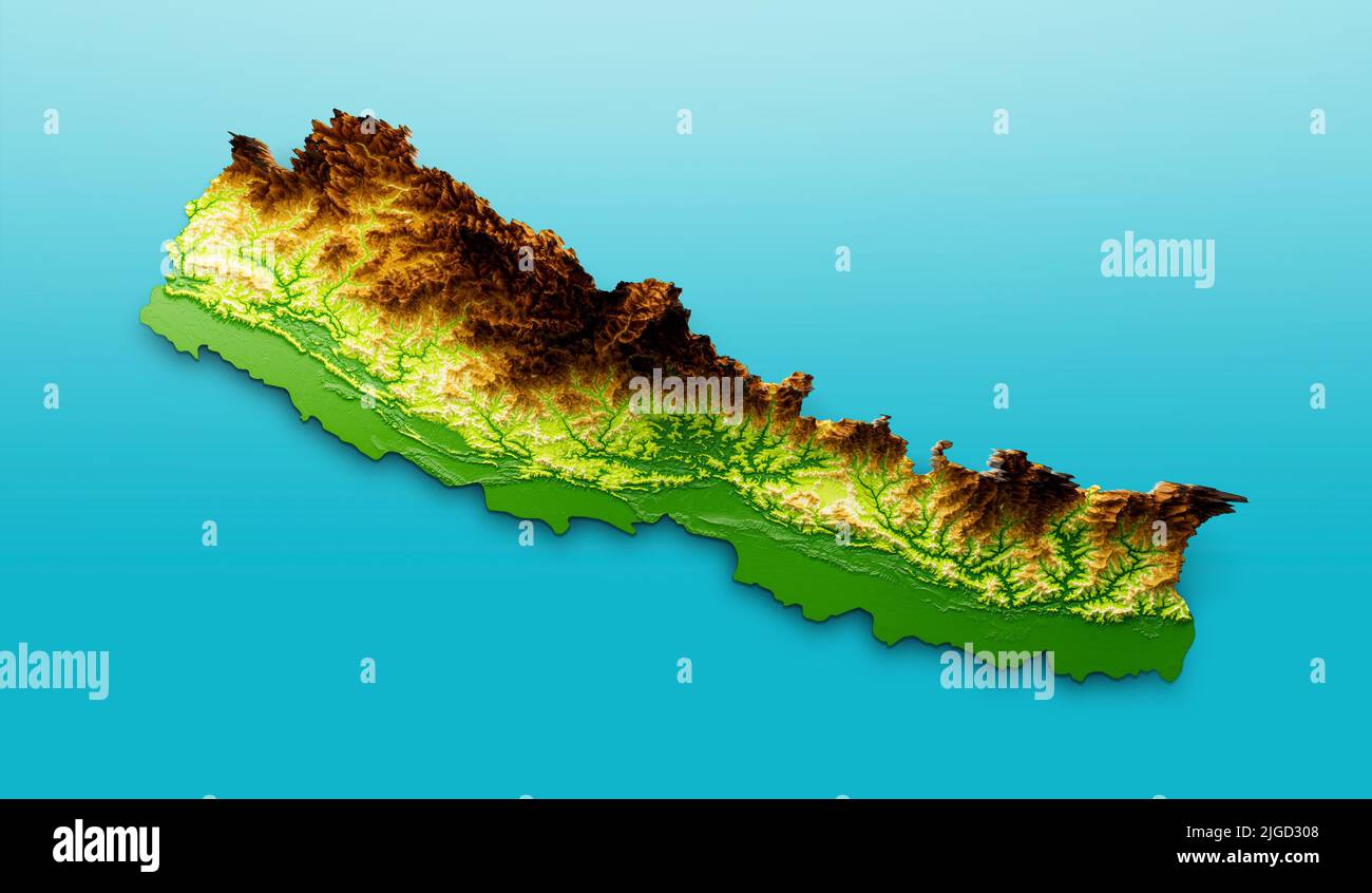 Un'illustrazione del 3D della mappa del Nepal Mappa del rilievo ombreggiato isolato su sfondo bianco Foto Stock