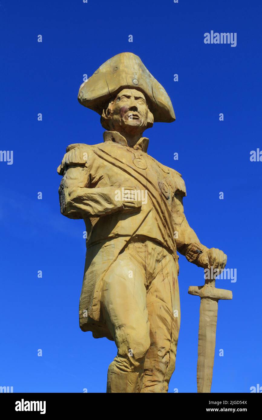 Ammiraglio Lord Horatio Nelson, scultura in legno, scultura, Burnham Thorpe, di un artista di motosega Henry Hepworth-Smith, dal tronco di acero norvegese, Foto Stock