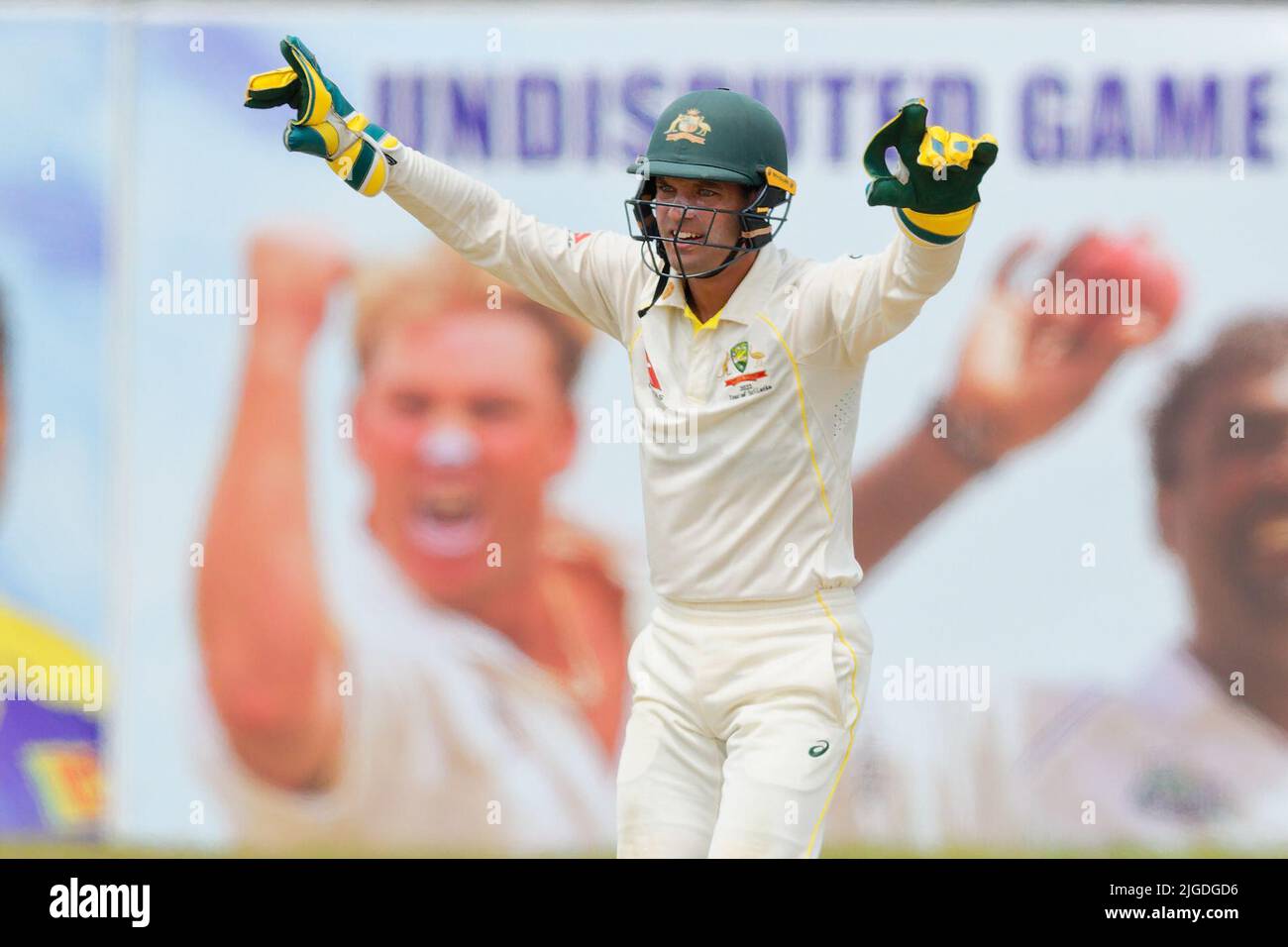 Galle, Sri Lanka. 10th luglio 2022. Alex Carey in Australia festeggia il 10th luglio 2022 durante la 3rd giornata della partita di test cricket 2nd tra Sri Lanka e Australia al Galle International Cricket Stadium di Galle. Viraj Kothalwala/Alamy Live News Foto Stock