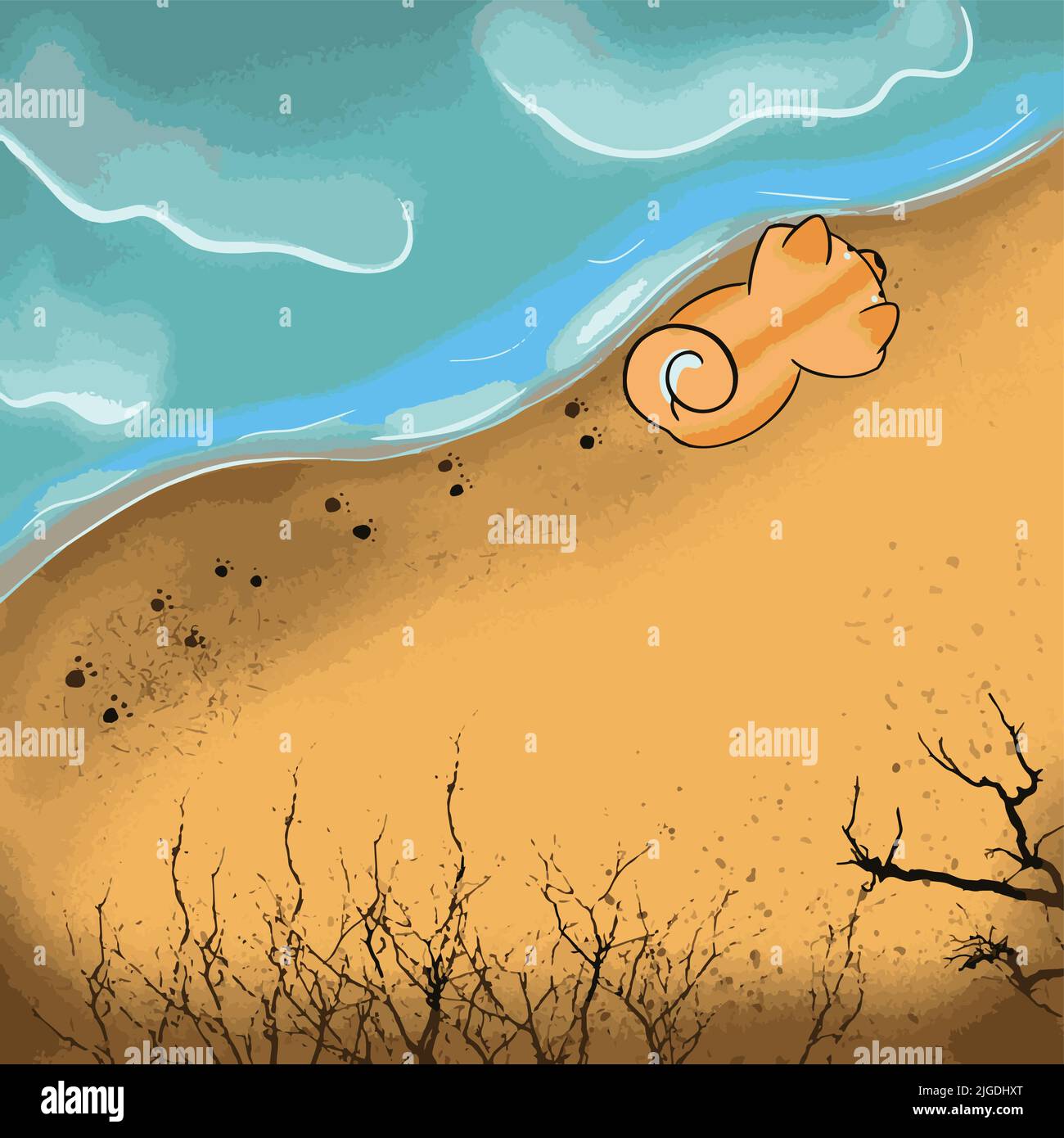Shiba inu è andato per una passeggiata sulla spiaggia e lascia impronte sulla spiaggia Illustrazione Vettoriale