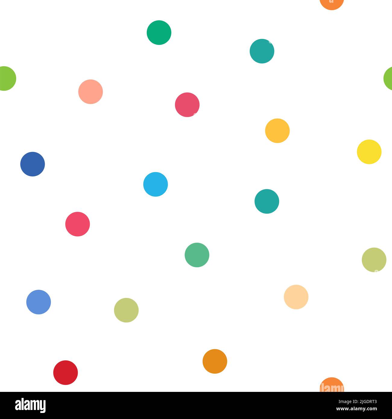 Motivo senza cuciture di puntini colorati su sfondo bianco. Cerchi della stessa dimensione e colori diversi. Foto Stock